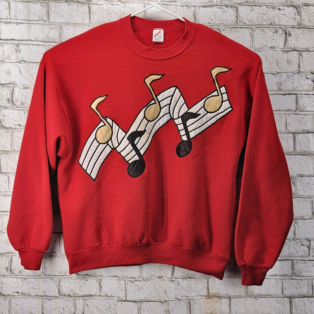 Red Musical Notes Staff Crewneck Sweatshirt 2XL VTG USA 90s Jerzees by Russell